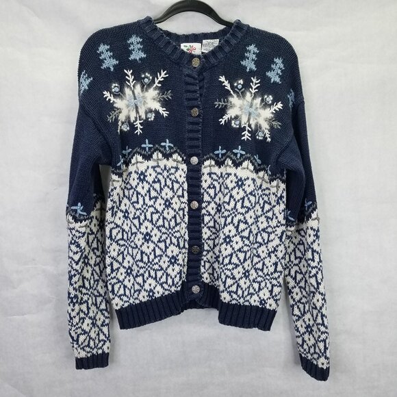 Nutcracker Cardigan M Snowflake Knit Geometric Christmas Star Winter Sweater VTG - Picture 1 of 16